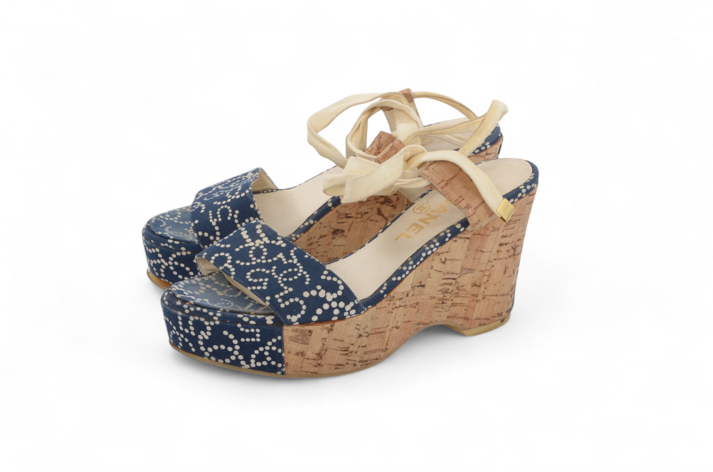 Chanel Rare Heels Sandals Coco Mark Wedge Denim Navy Blue Vintage CC Logo Mules Size 36