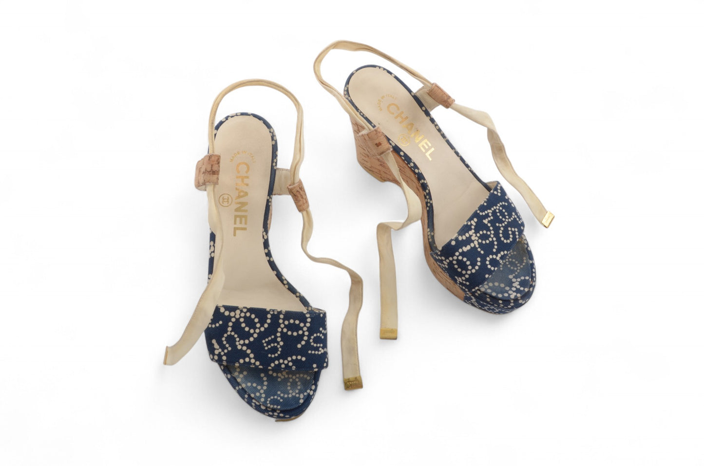 Chanel Rare Heels Sandals Coco Mark Wedge Denim Navy Blue Vintage CC Logo Mules Size 36