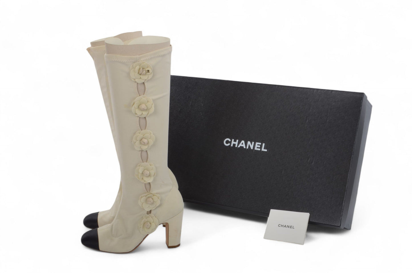 Chanel Camellia Tight Boots Heels Limited Series Resort 2011 Runway Rare Ecru Size 36 1/2C