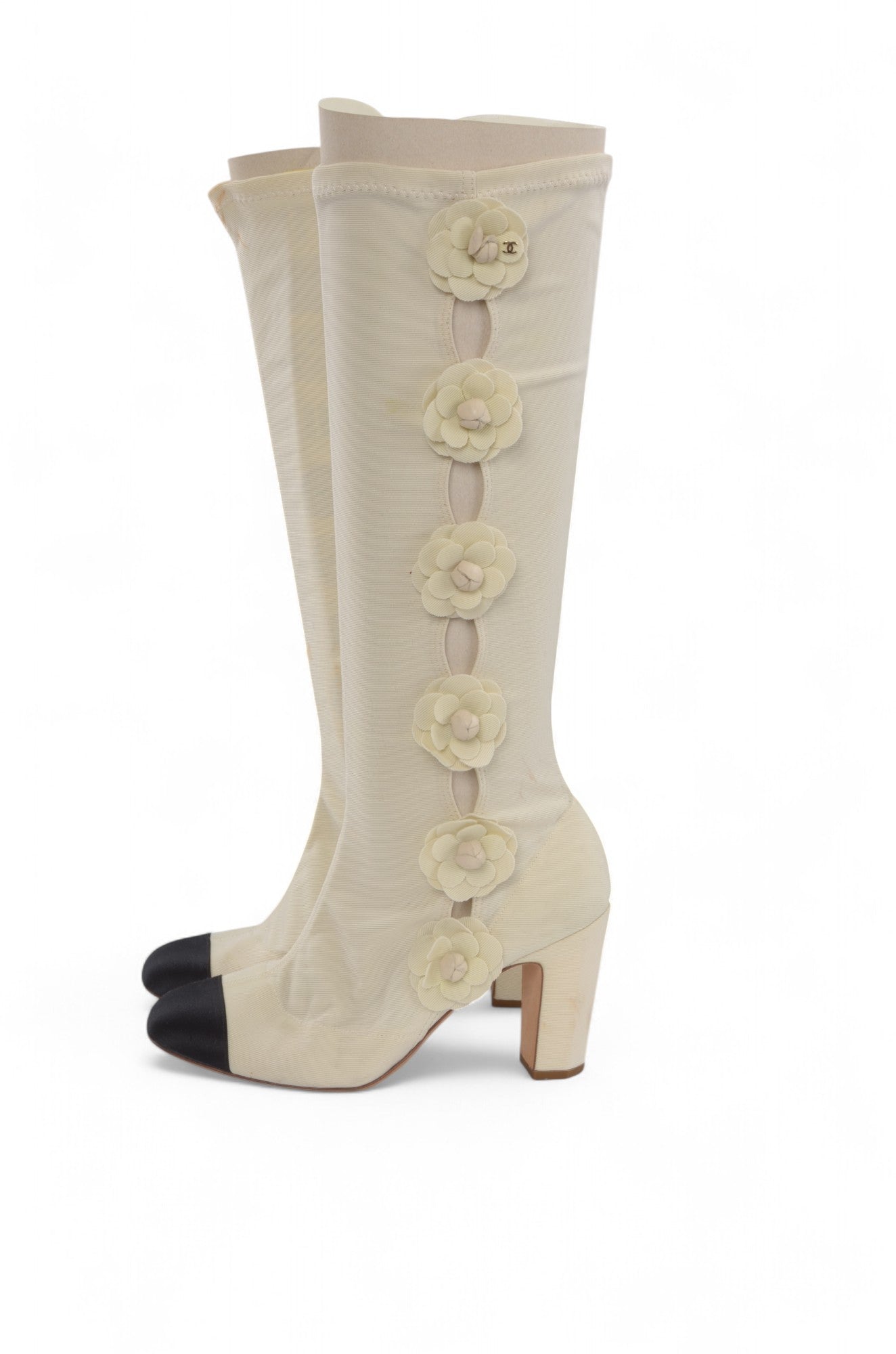Chanel Camellia Tight Boots Heels Limited Series Resort 2011 Runway Rare Ecru Size 36 1/2C