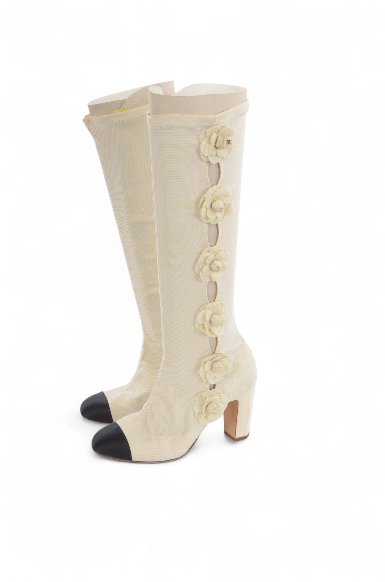 Chanel Camellia Tight Boots Heels Limited Series Resort 2011 Runway Rare Ecru Size 36 1/2C