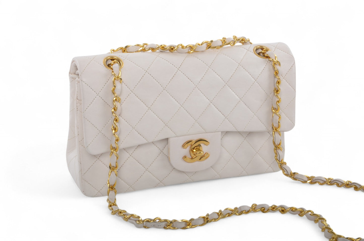 Chanel Classic Small Double Flap Bag White Lambskin W-Flap 23 Matelasse Coco Mark Turn Lock Chain Shoulder Bag CrossbodyVintage
