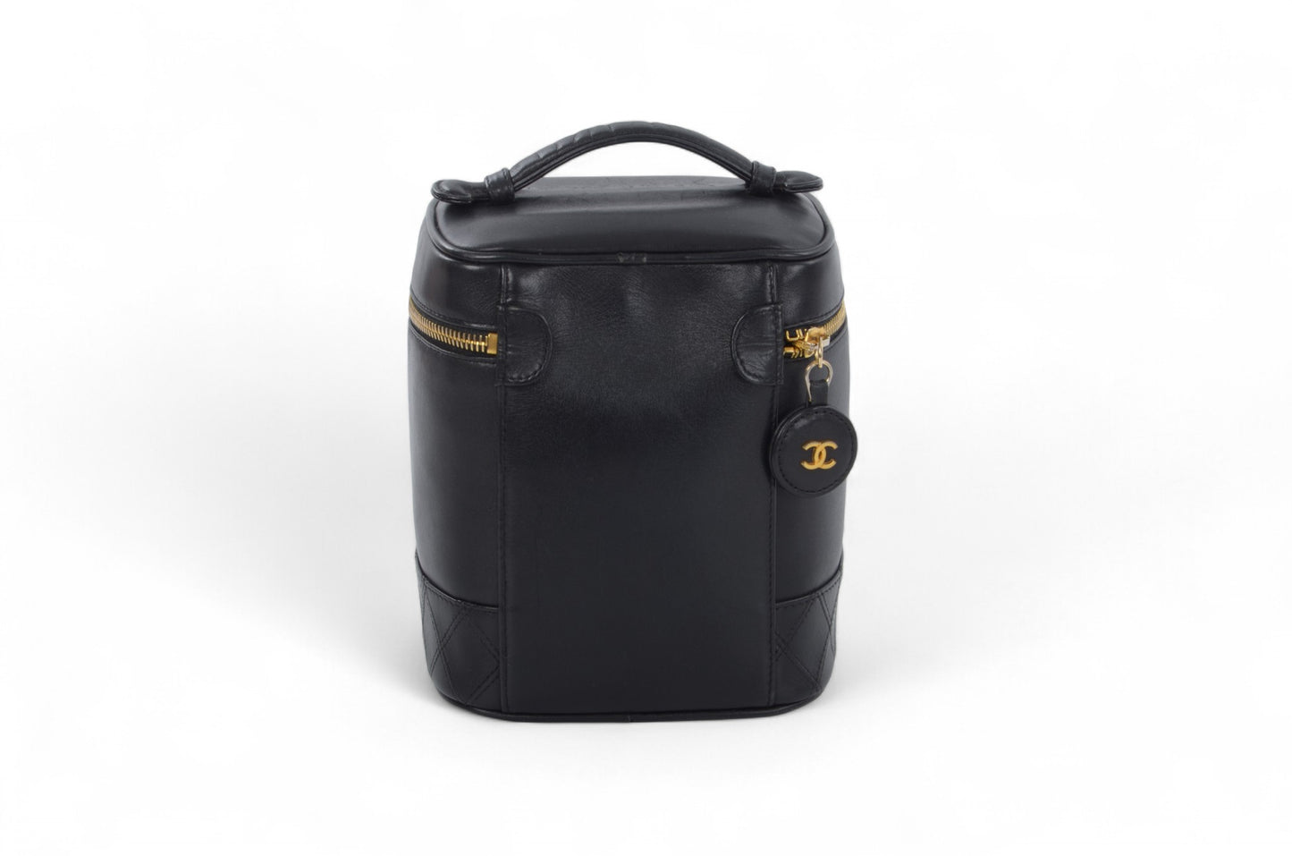 Chanel Quilted Vanity Toiletry Bag CC Logo Vintage Lambskin Leather Black Make Up Pouch