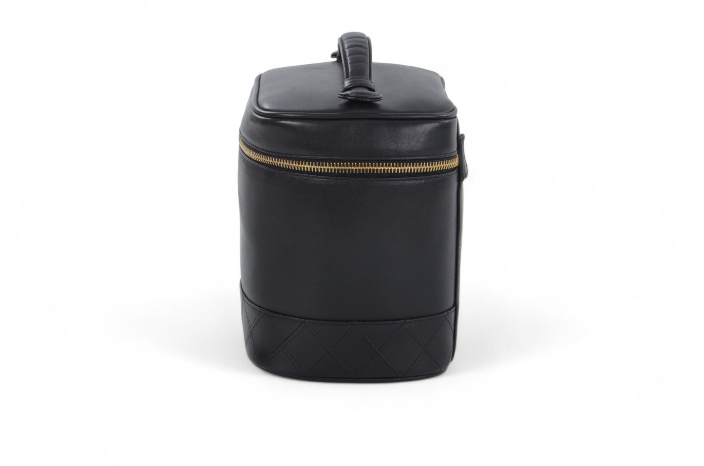 Chanel Quilted Vanity Toiletry Bag CC Logo Vintage Lambskin Leather Black Make Up Pouch