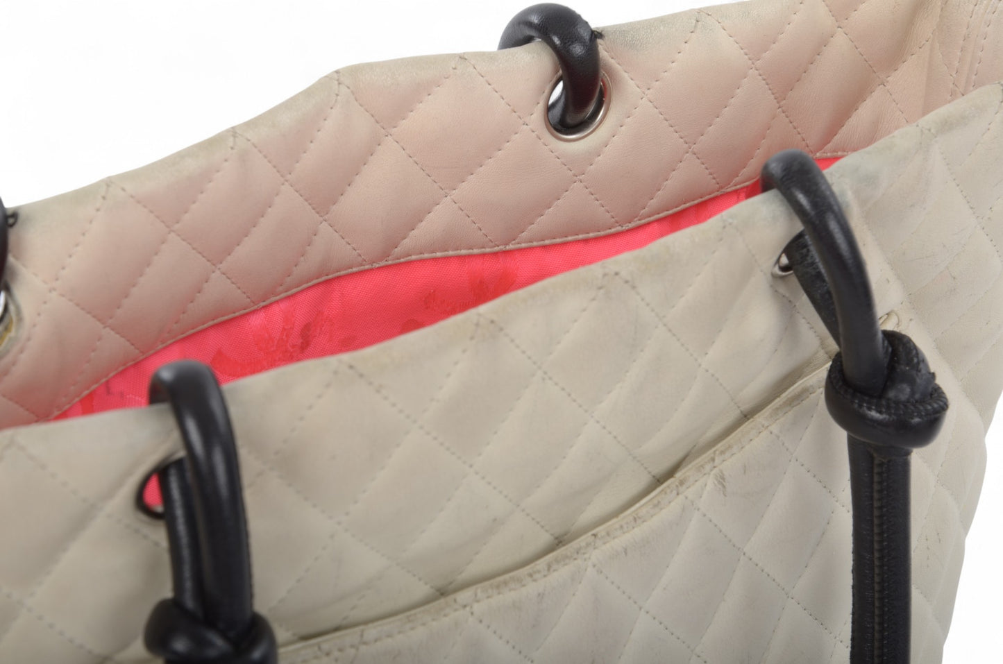 Chanel Cambon Line Tote Shoulder Bag Handbag White CC Quilted Leather Black Designer Classic