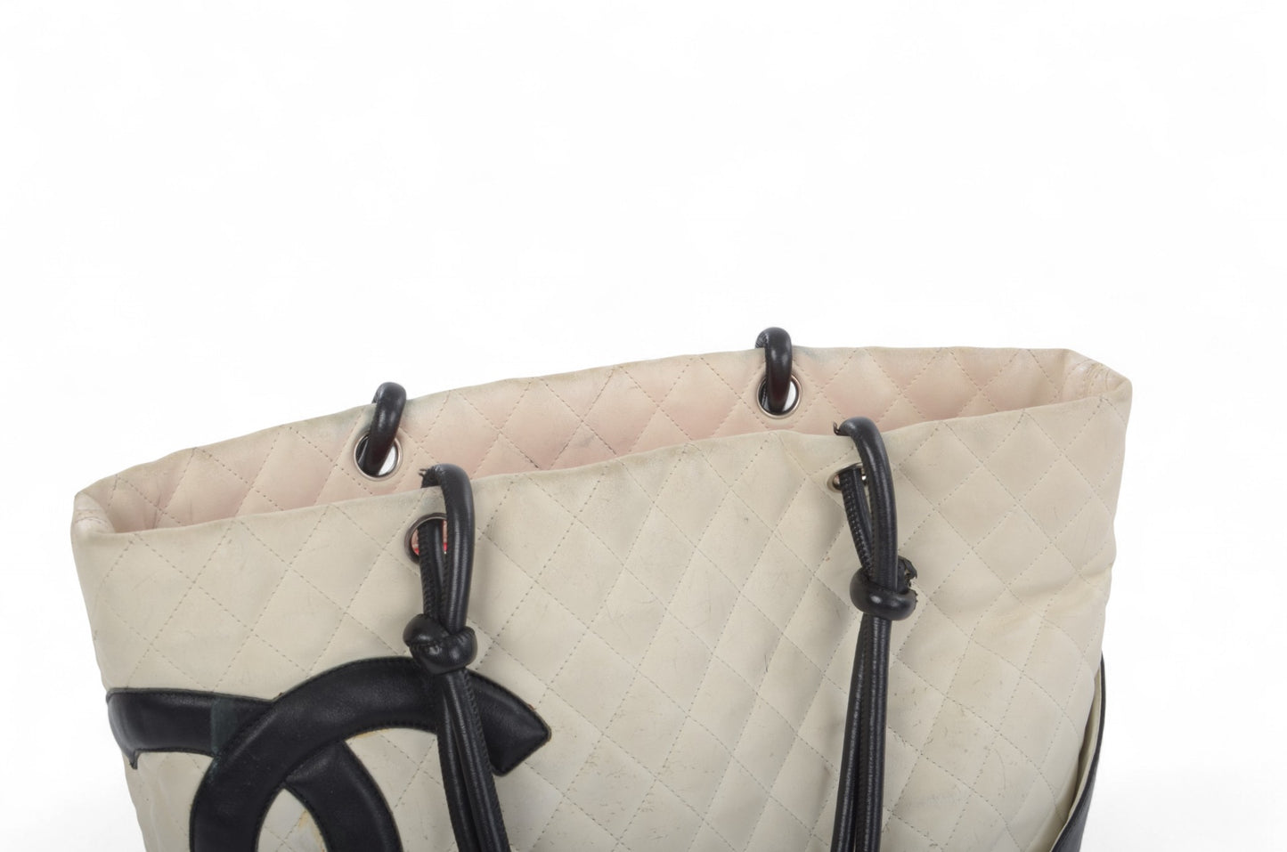 Chanel Cambon Line Tote Shoulder Bag Handbag White CC Quilted Leather Black Designer Classic