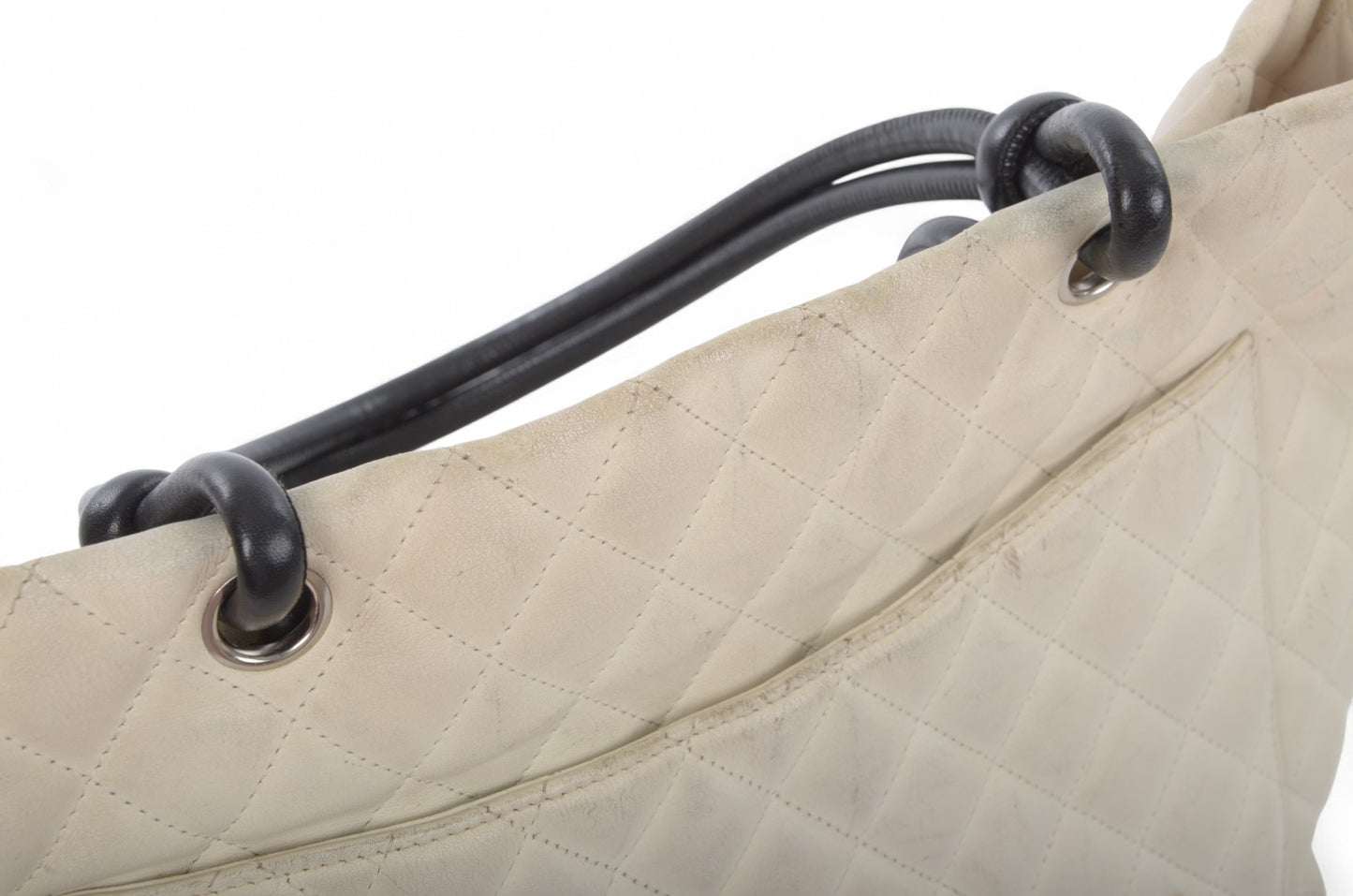 Chanel Cambon Line Tote Shoulder Bag Handbag White CC Quilted Leather Black Designer Classic