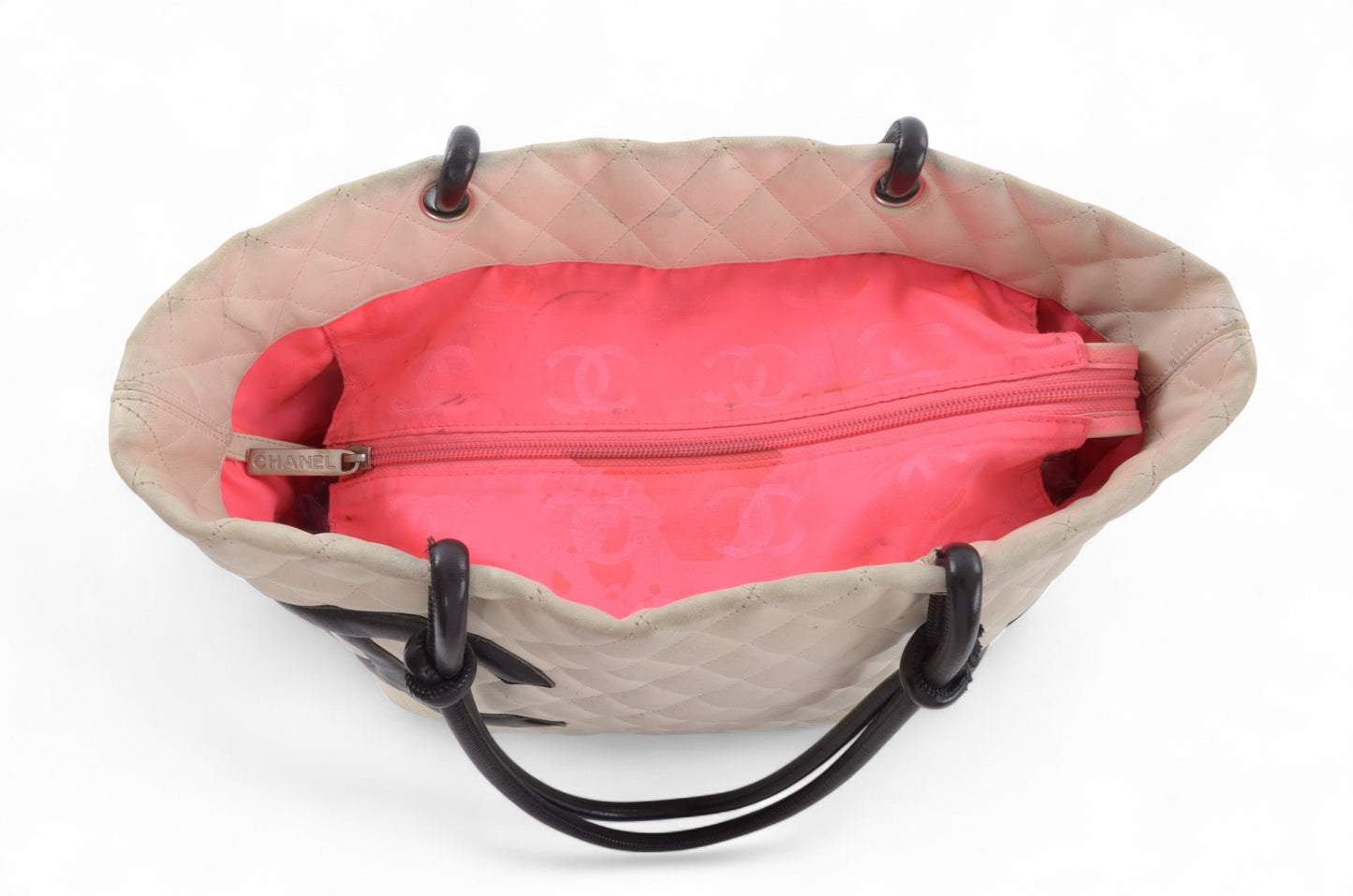 Chanel Cambon Line Tote Shoulder Bag Handbag White CC Quilted Leather Black Designer Classic