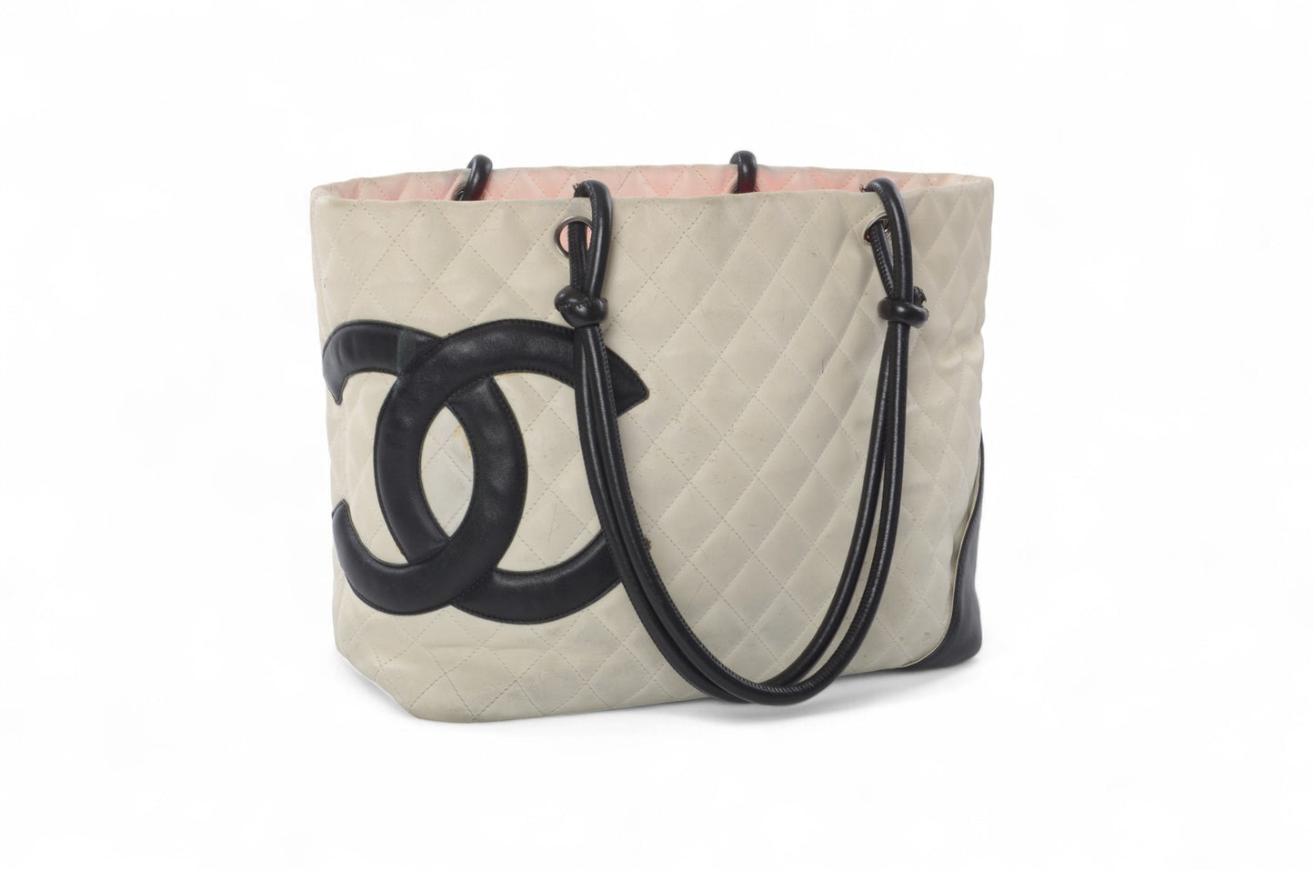 Chanel Cambon Line Tote Shoulder Bag Handbag White CC Quilted Leather Black Designer Classic