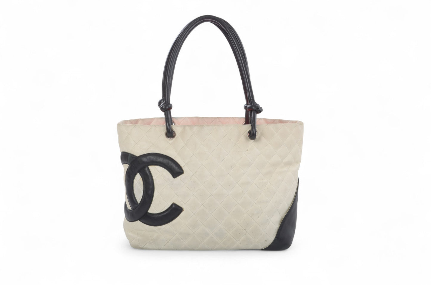 Chanel Cambon Line Tote Shoulder Bag Handbag White CC Quilted Leather Black Designer Classic