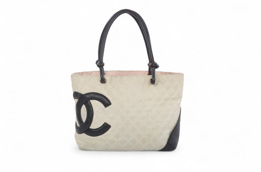 Chanel Cambon Line Tote Shoulder Bag Handbag White CC Quilted Leather Black Designer Classic