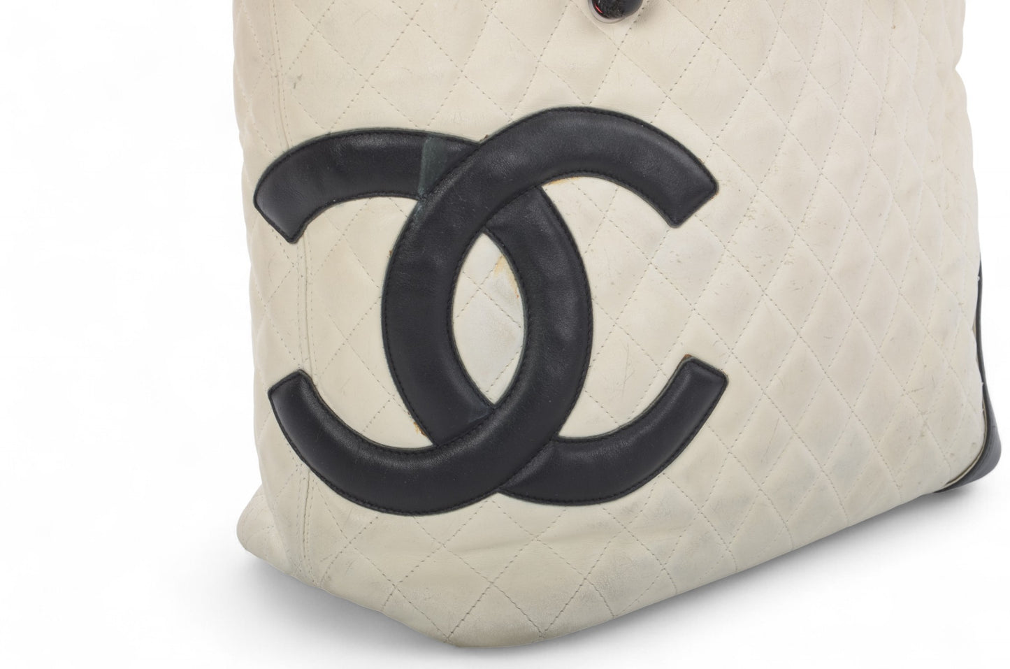 Chanel Cambon Line Tote Shoulder Bag Handbag White CC Quilted Leather Black Designer Classic