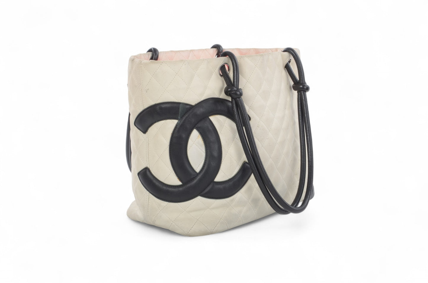 Chanel Cambon Line Tote Shoulder Bag Handbag White CC Quilted Leather Black Designer Classic