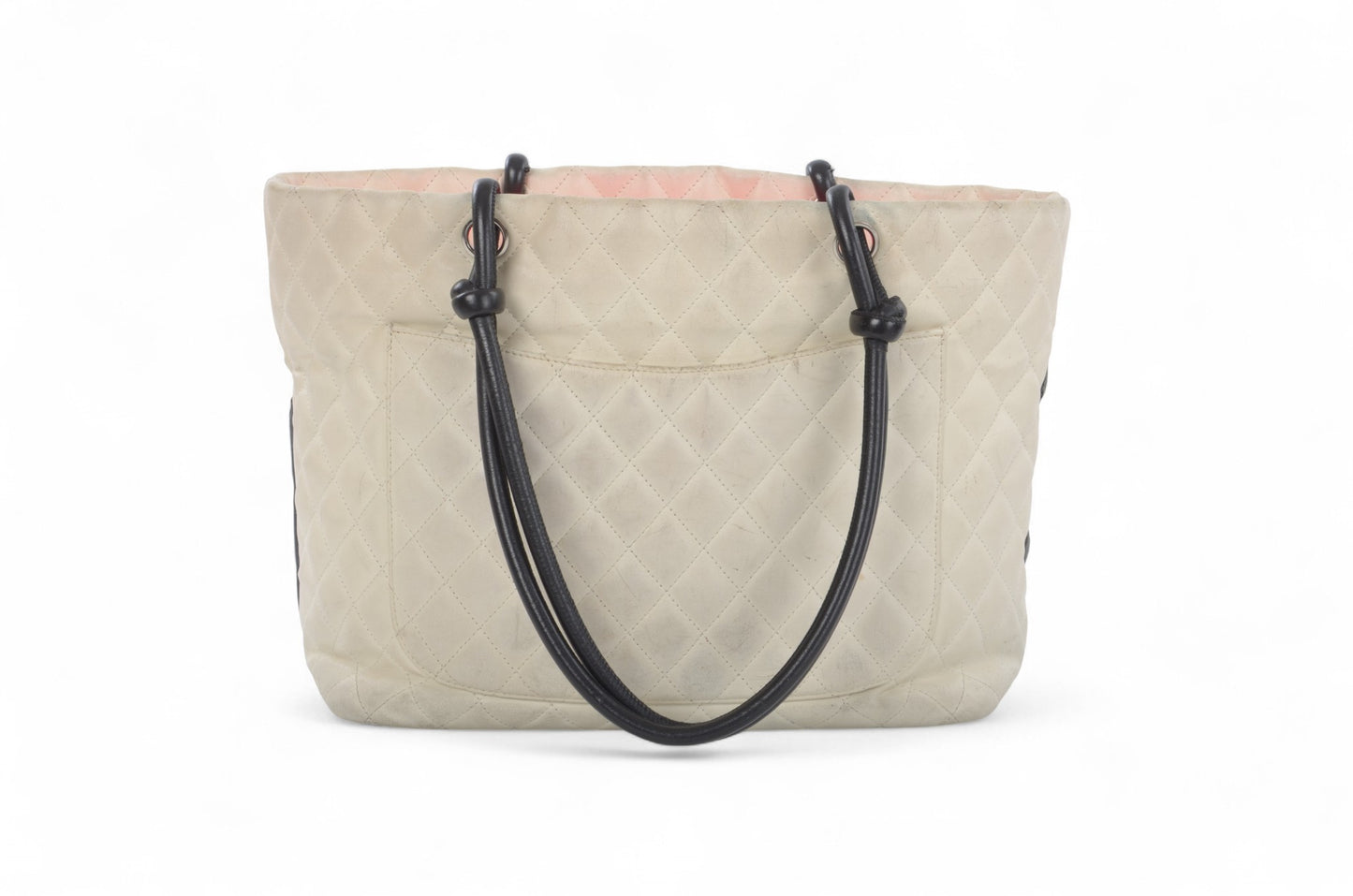 Chanel Cambon Line Tote Shoulder Bag Handbag White CC Quilted Leather Black Designer Classic