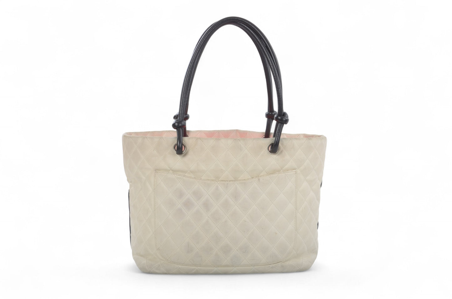 Chanel Cambon Line Tote Shoulder Bag Handbag White CC Quilted Leather Black Designer Classic