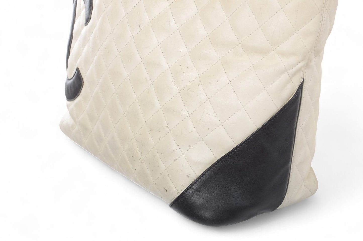 Chanel Cambon Line Tote Shoulder Bag Handbag White CC Quilted Leather Black Designer Classic