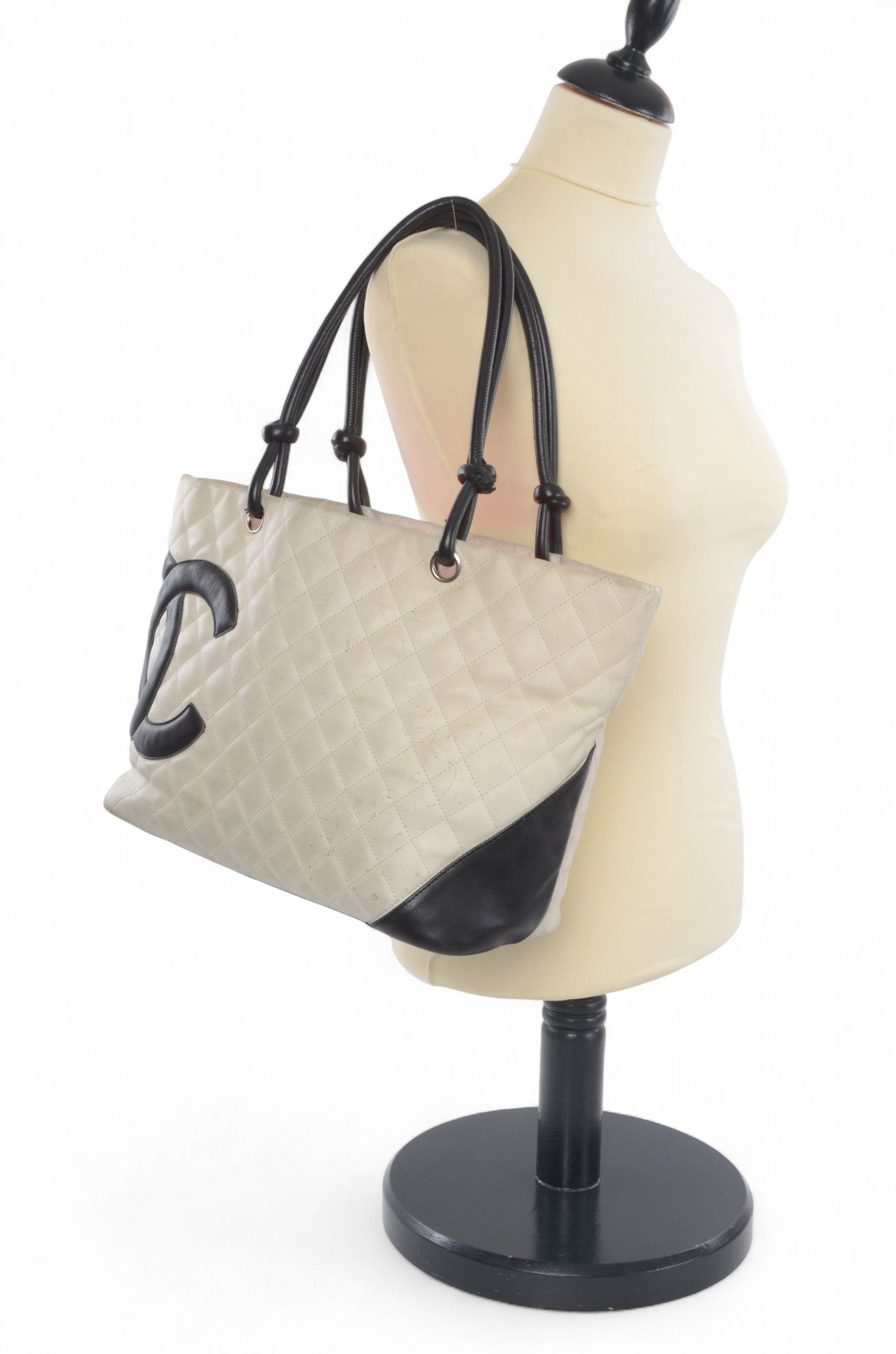 Chanel Cambon Line Tote Shoulder Bag Handbag White CC Quilted Leather Black Designer Classic