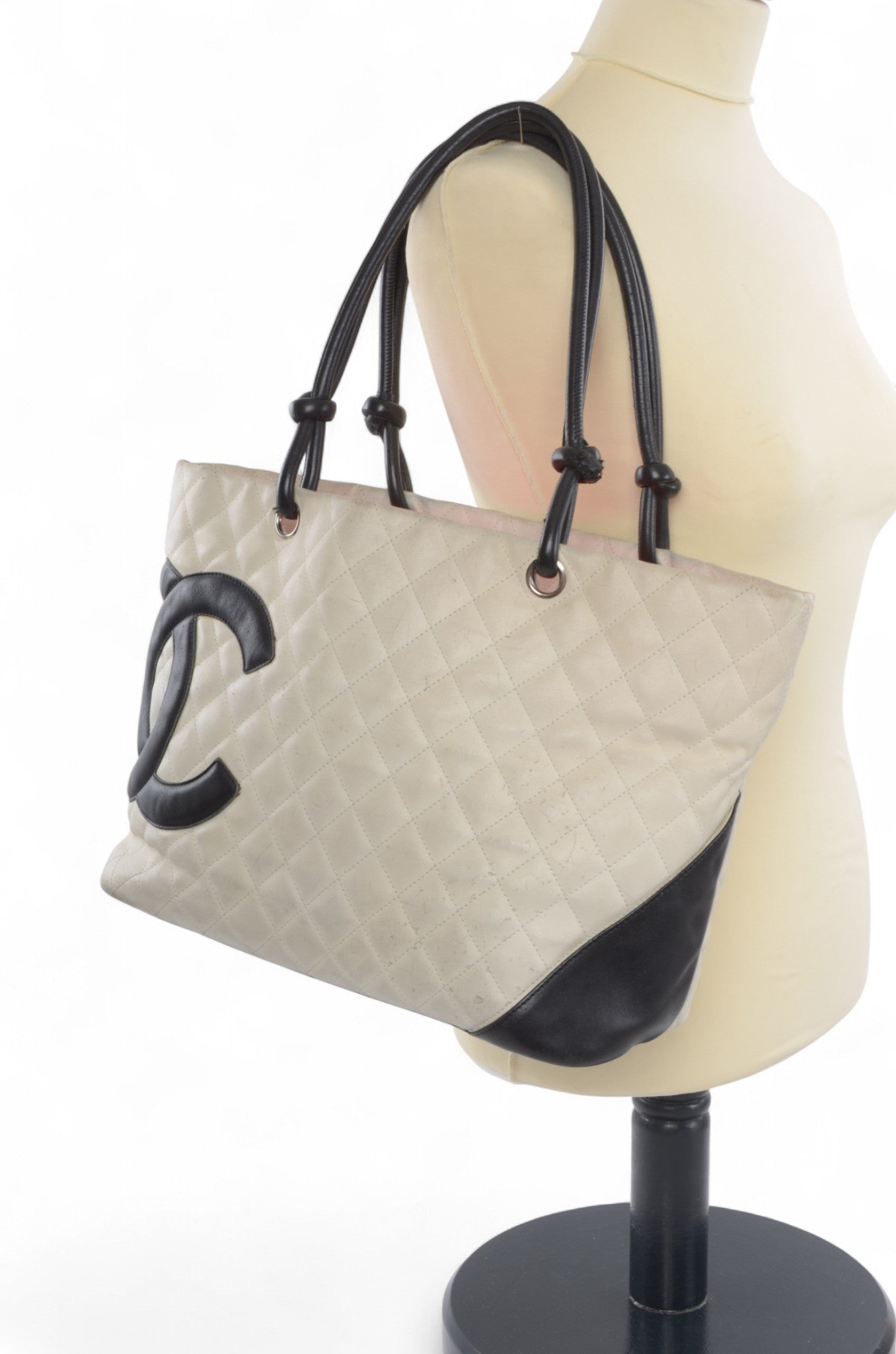 Chanel Cambon Line Tote Shoulder Bag Handbag White CC Quilted Leather Black Designer Classic