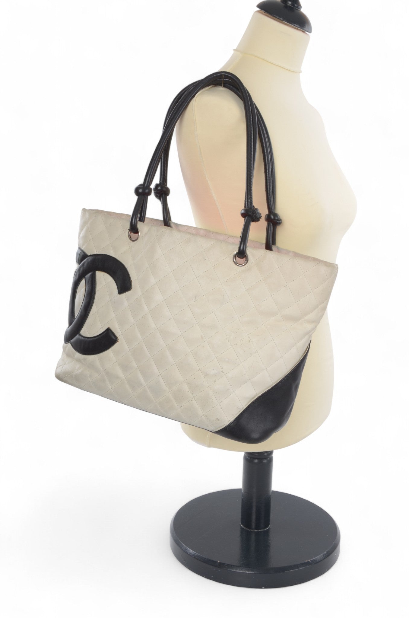 Chanel Cambon Line Tote Shoulder Bag Handbag White CC Quilted Leather Black Designer Classic