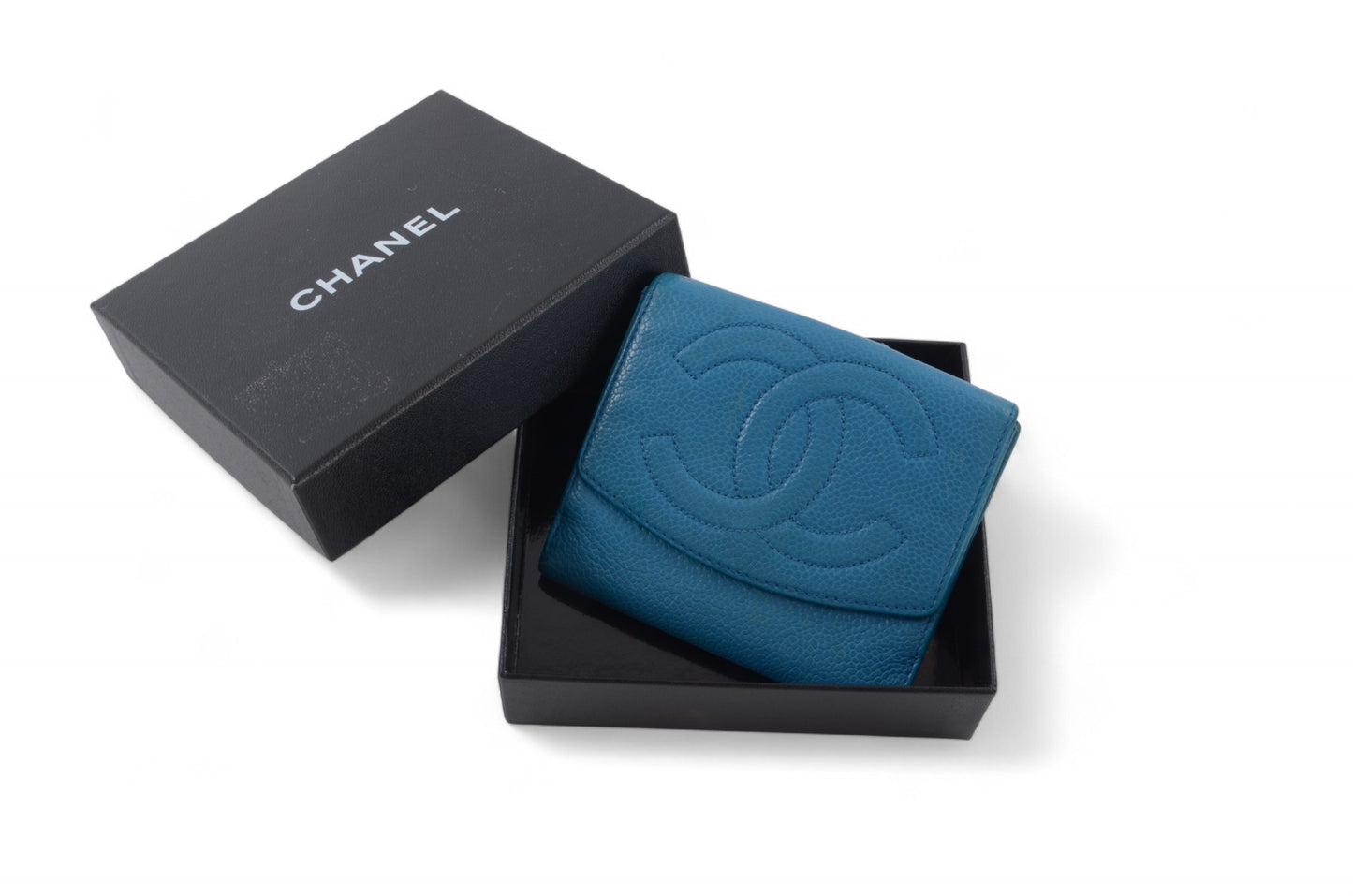 Chanel Blue Caviar Leather Wallet Coco Bi-fold Coin Purse Women's Vintage Crossbody Bag