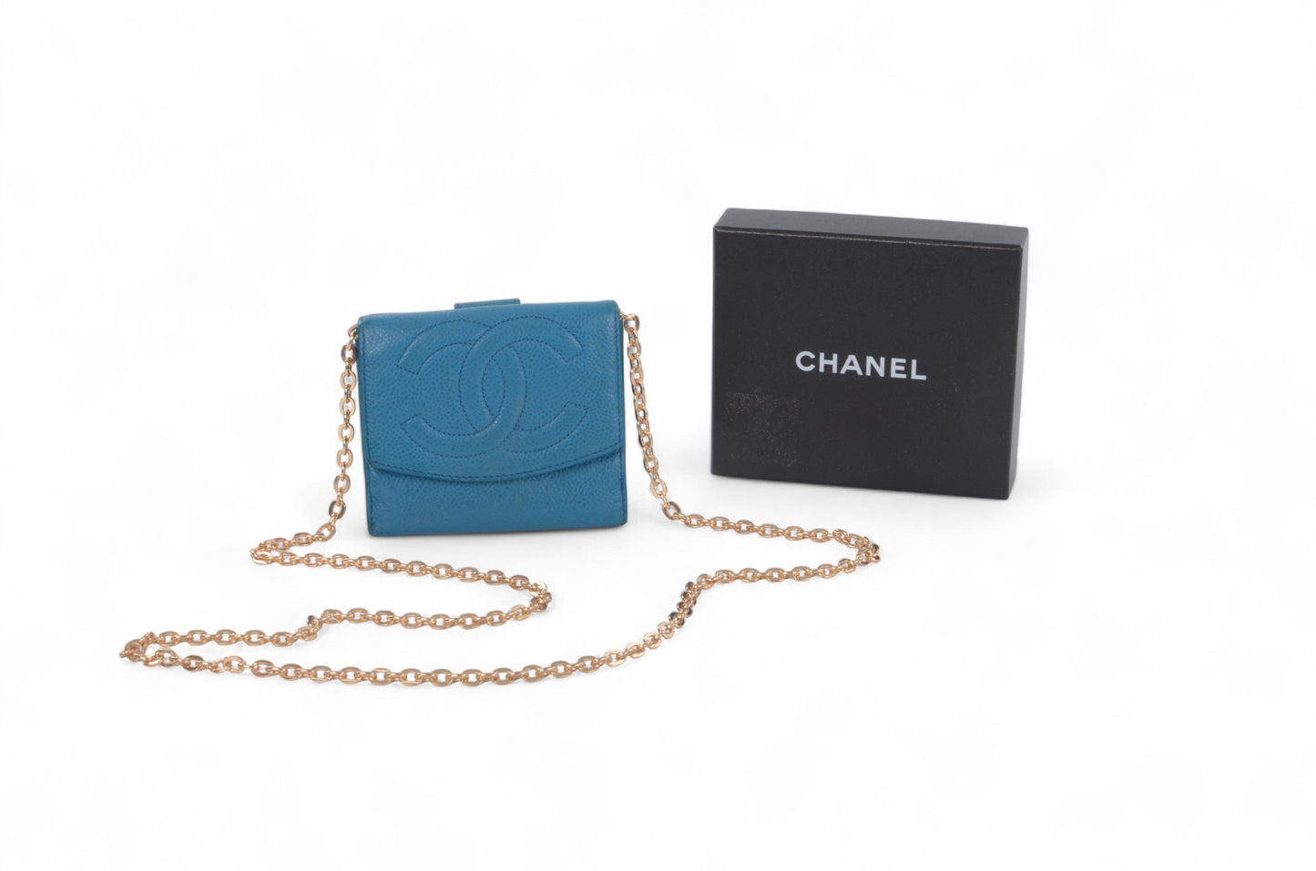 Chanel Blue Caviar Leather Wallet Coco Bi-fold Coin Purse Women's Vintage Crossbody Bag