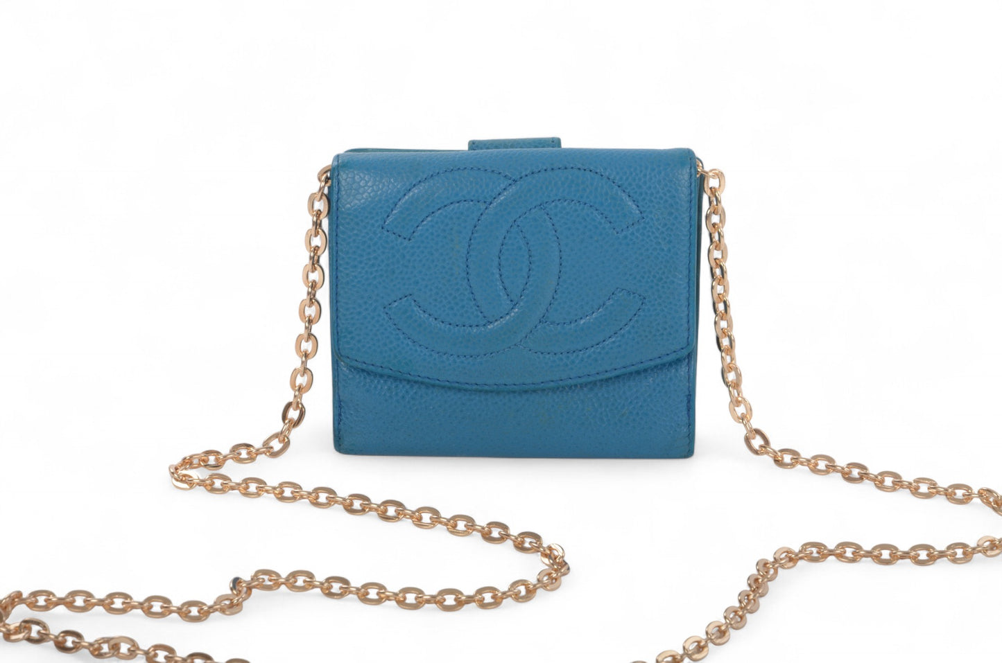 Chanel Blue Caviar Leather Wallet Coco Bi-fold Coin Purse Women's Vintage Crossbody Bag