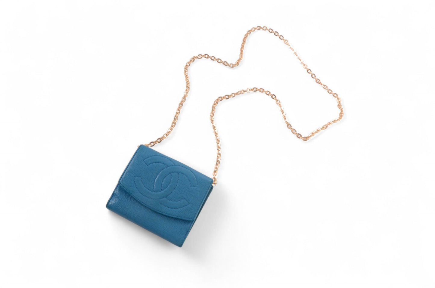 Chanel Blue Caviar Leather Wallet Coco Bi-fold Coin Purse Women's Vintage Crossbody Bag