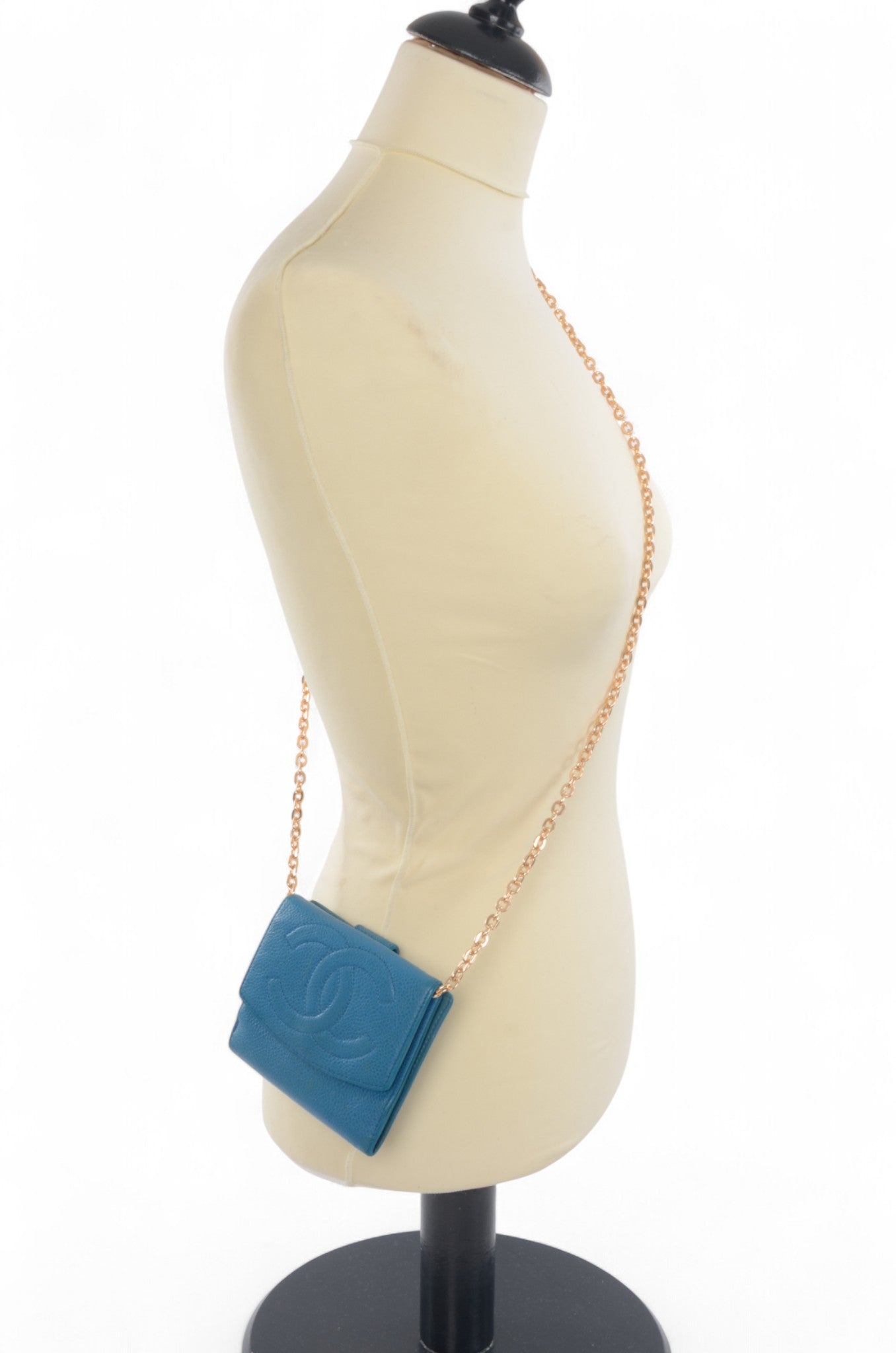 Chanel Blue Caviar Leather Wallet Coco Bi-fold Coin Purse Women's Vintage Crossbody Bag