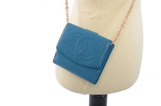 Chanel Blue Caviar Leather Wallet Coco Bi-fold Coin Purse Women's Vintage Crossbody Bag