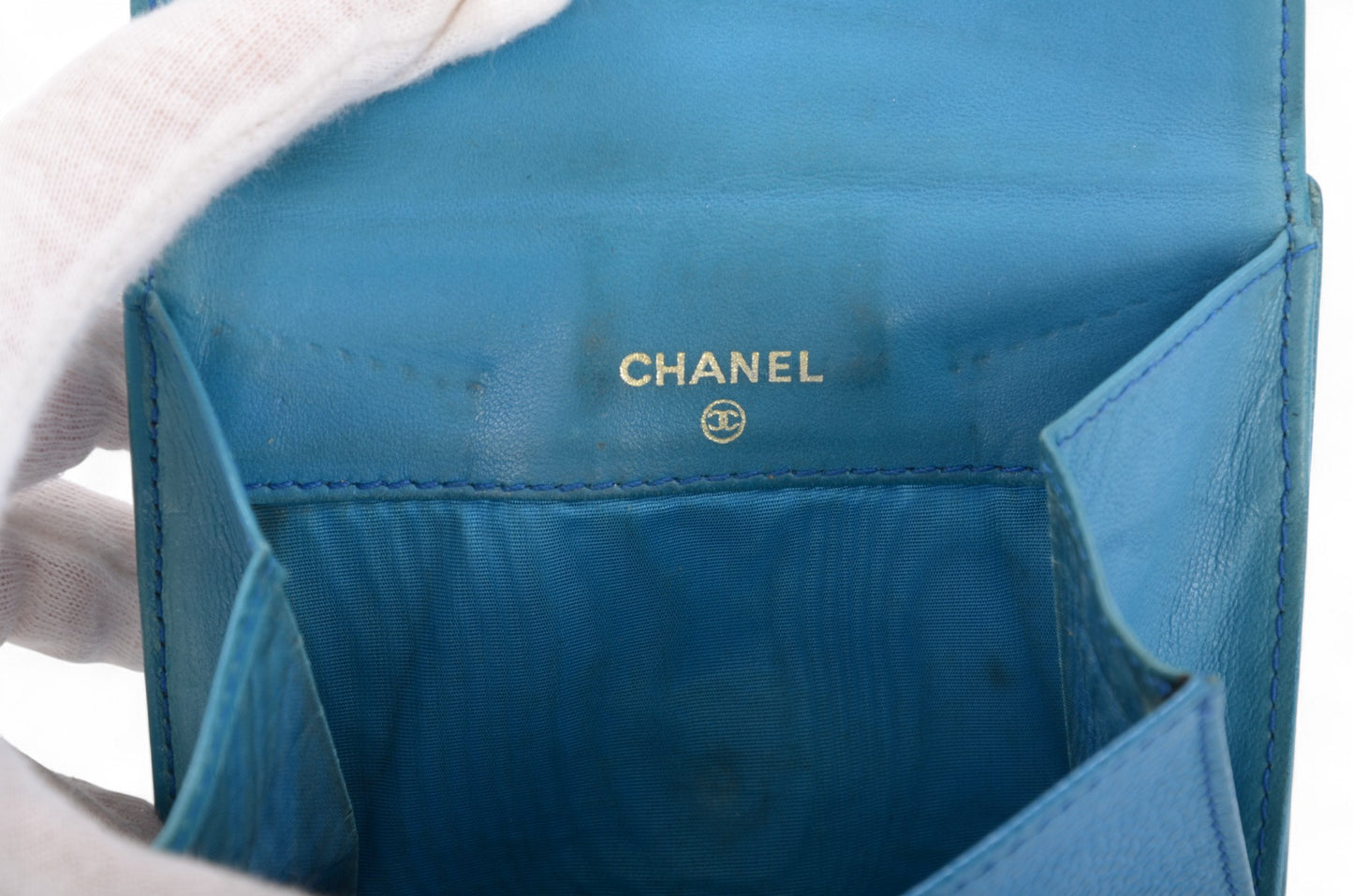 Chanel Blue Caviar Leather Wallet Coco Bi-fold Coin Purse Women's Vintage Crossbody Bag