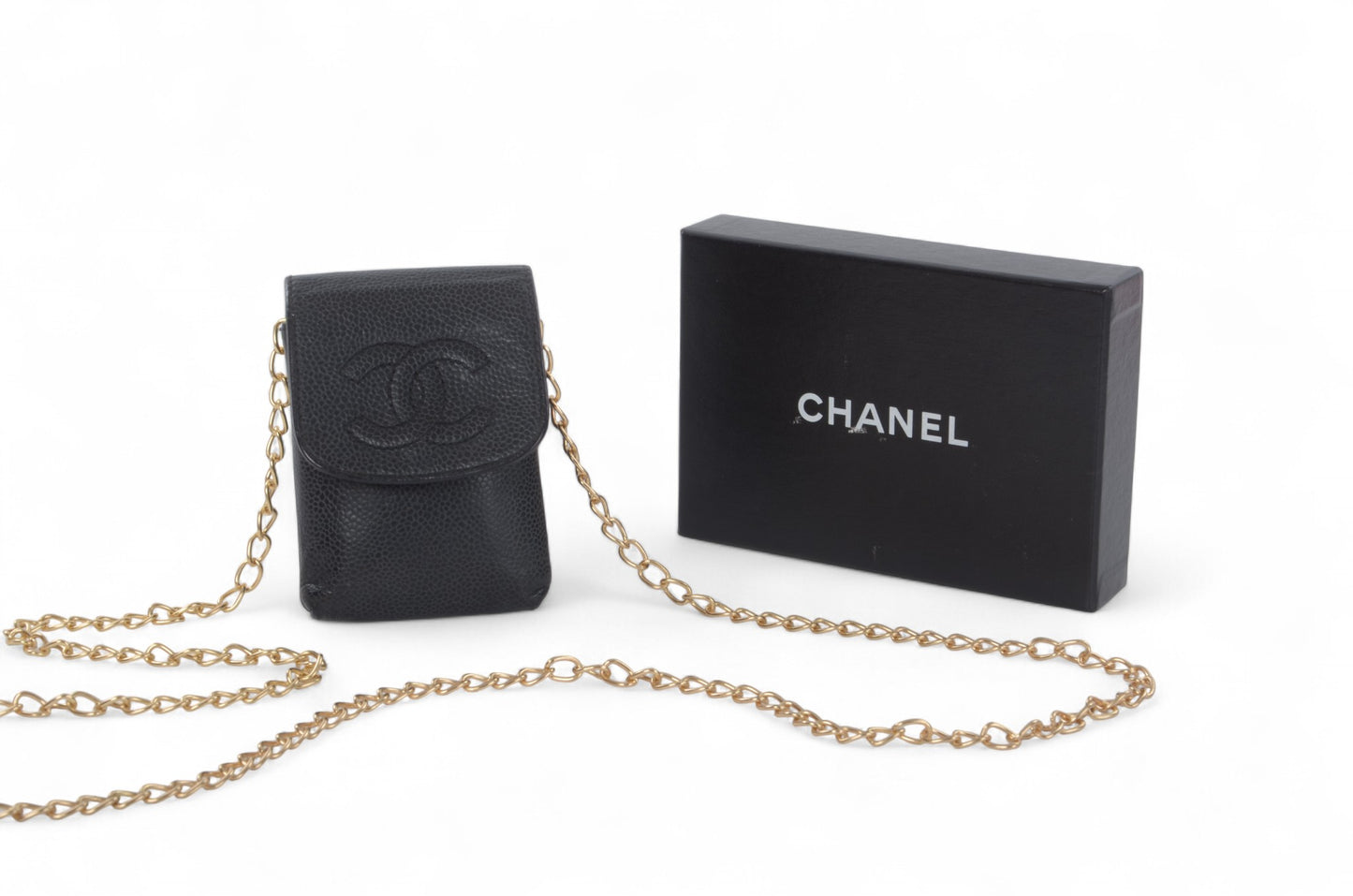 Chanel Purse Pouch Caviar Leather Black CC Logo Vintage Crossbody Mini Bag Case Timeless Classic