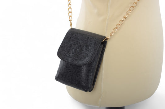 Chanel Purse Pouch Caviar Leather Black CC Logo Vintage Crossbody Mini Bag Case Timeless Classic