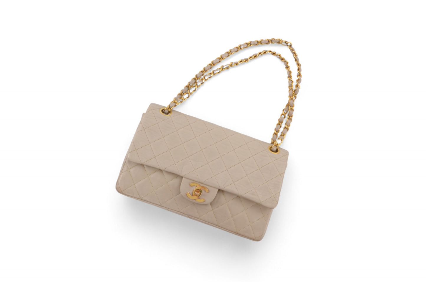 Chanel Classic Medium Double Flap Bag 25 Beige Lambskin Vintage Timeless Classic Matelasse Coco Mark Turn Lock Chain Shoulder Bag Crossbody