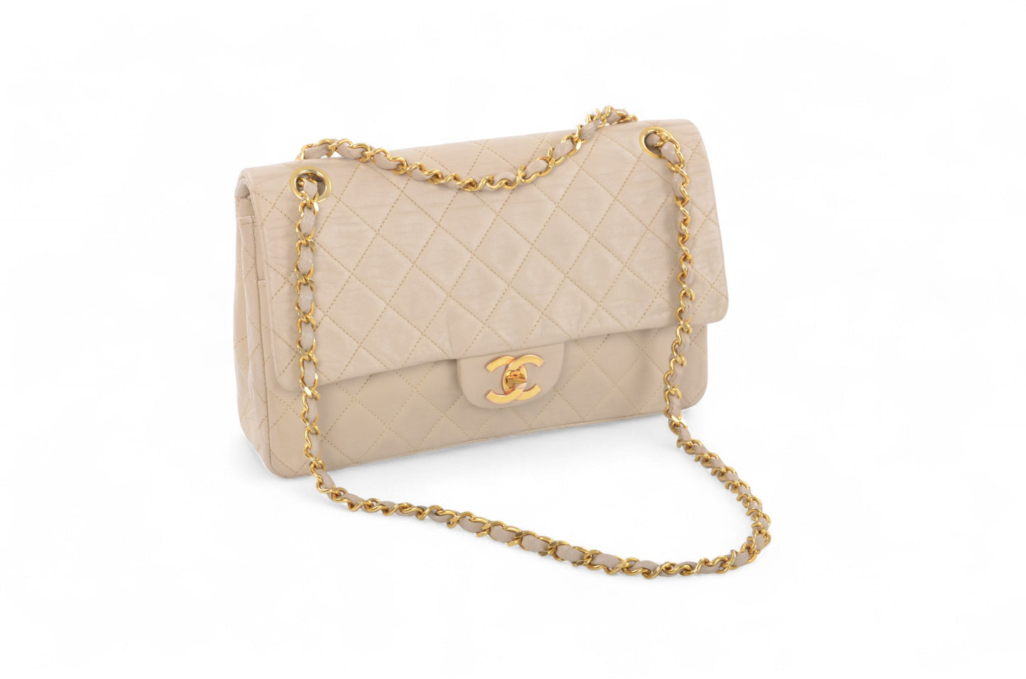 Chanel Classic Medium Double Flap Bag 25 Beige Lambskin Vintage Timeless Classic Matelasse Coco Mark Turn Lock Chain Shoulder Bag Crossbody