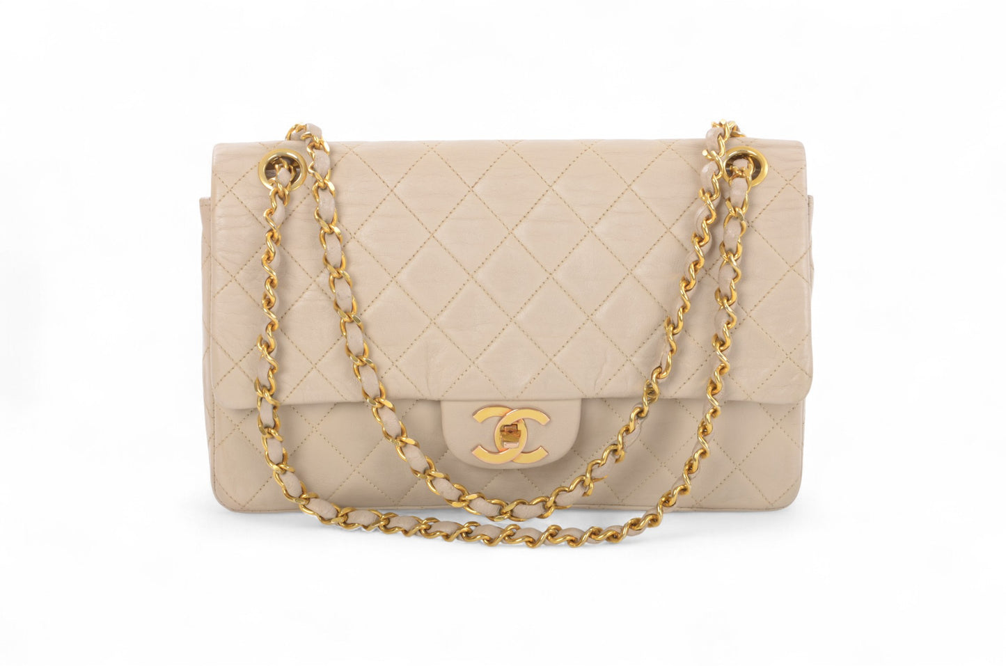 Chanel Classic Medium Double Flap Bag 25 Beige Lambskin Vintage Timeless Classic Matelasse Coco Mark Turn Lock Chain Shoulder Bag Crossbody