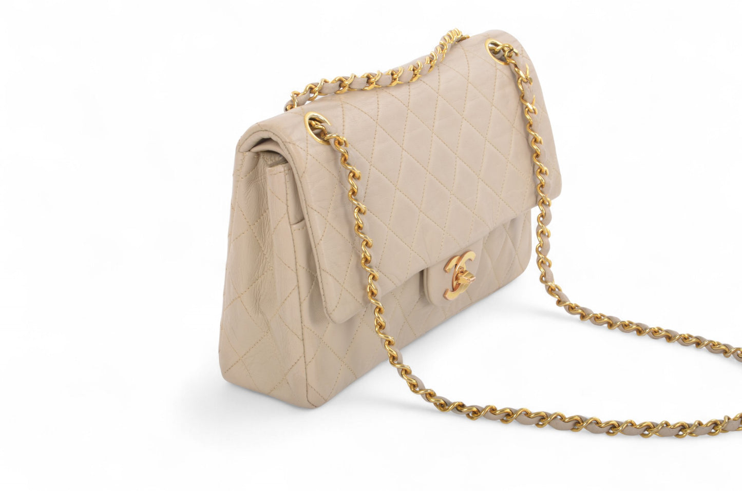Chanel Classic Medium Double Flap Bag 25 Beige Lambskin Vintage Timeless Classic Matelasse Coco Mark Turn Lock Chain Shoulder Bag Crossbody