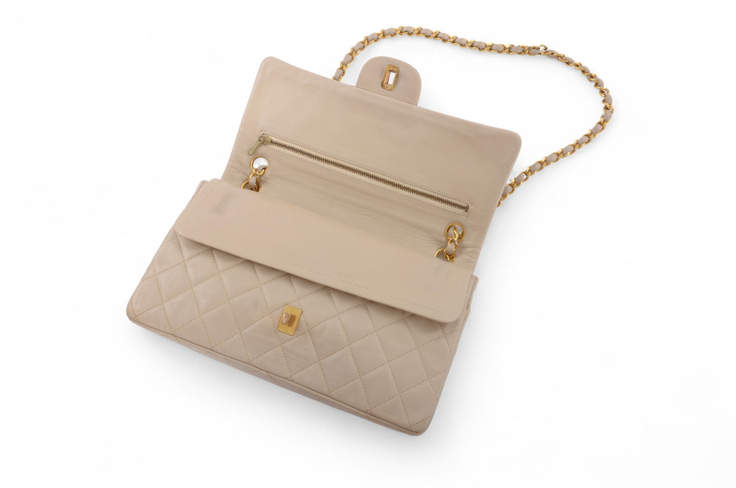 Chanel Classic Medium Double Flap Bag 25 Beige Lambskin Vintage Timeless Classic Matelasse Coco Mark Turn Lock Chain Shoulder Bag Crossbody