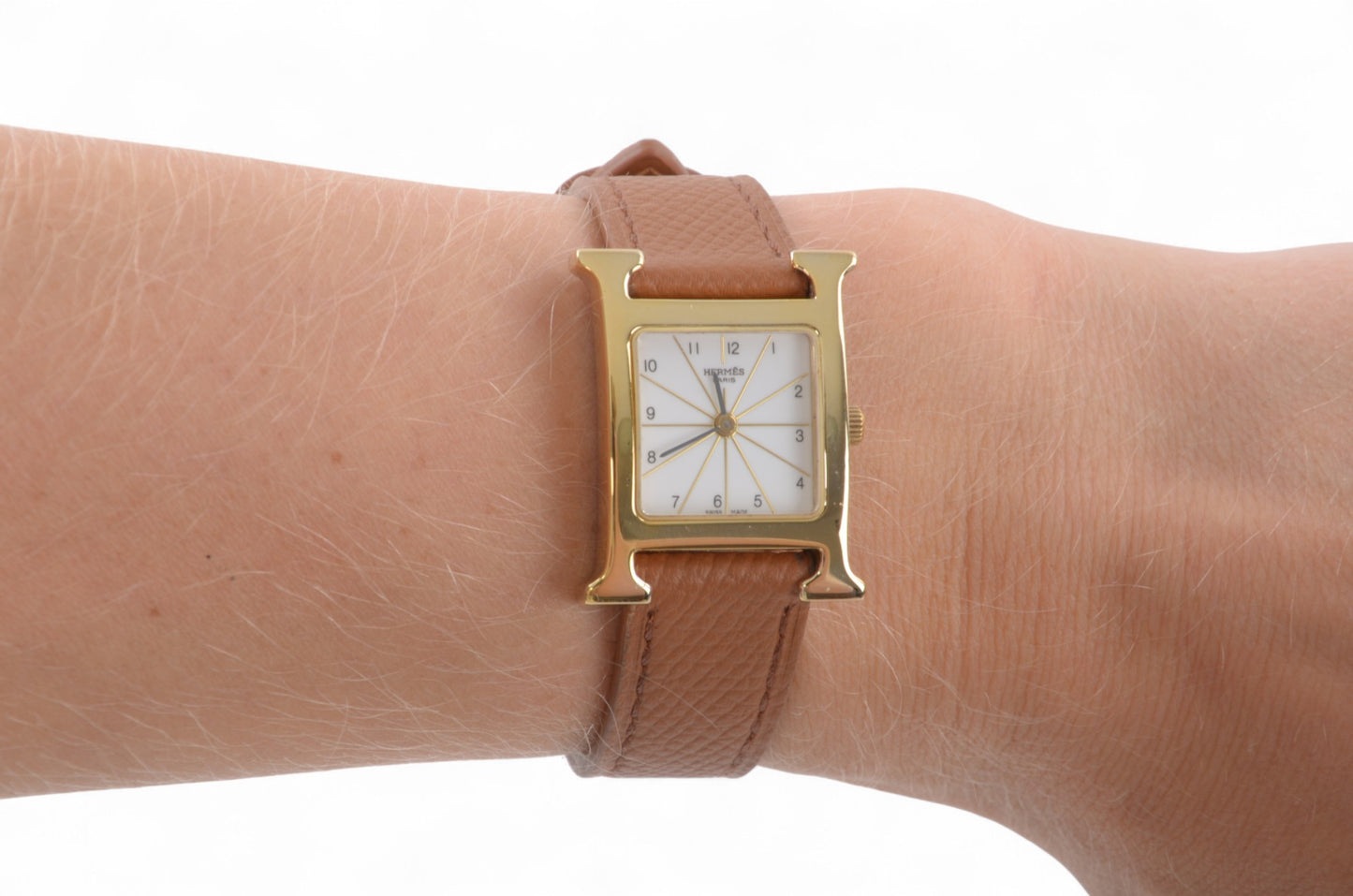Hermès Heure H Watch HH1.201 QZ Gold Epsom Leather White Dial Women's Wristwatch Ladies Unisex