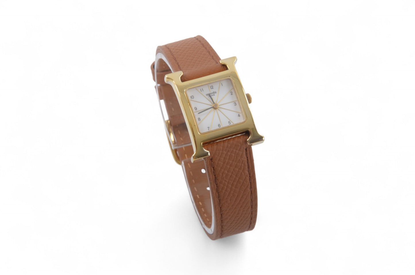 Hermès Heure H Watch HH1.201 QZ Gold Epsom Leather White Dial Women's Wristwatch Ladies Unisex