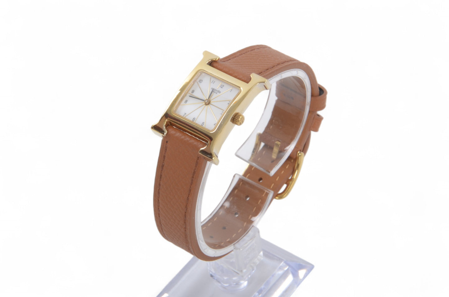 Hermès Heure H Watch HH1.201 QZ Gold Epsom Leather White Dial Women's Wristwatch Ladies Unisex