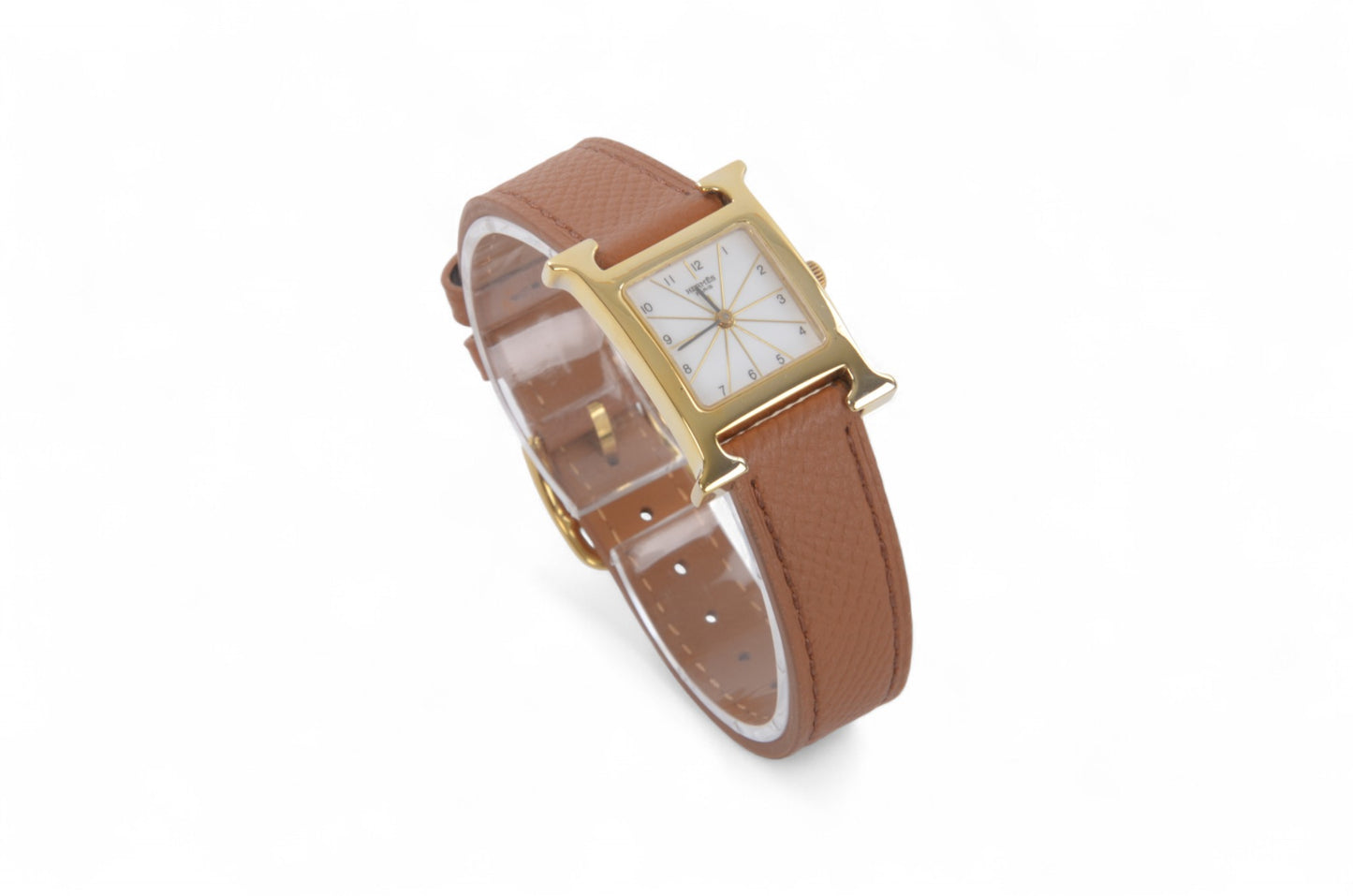Hermès Heure H Watch HH1.201 QZ Gold Epsom Leather White Dial Women's Wristwatch Ladies Unisex