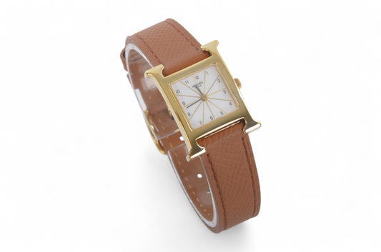 Hermès Heure H Watch HH1.201 QZ Gold Epsom Leather White Dial Women's Wristwatch Ladies Unisex