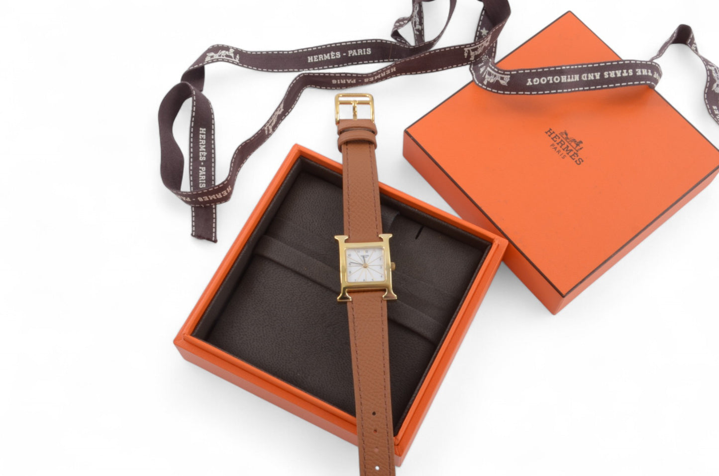 Hermès Heure H Watch HH1.201 QZ Gold Epsom Leather White Dial Women's Wristwatch Ladies Unisex