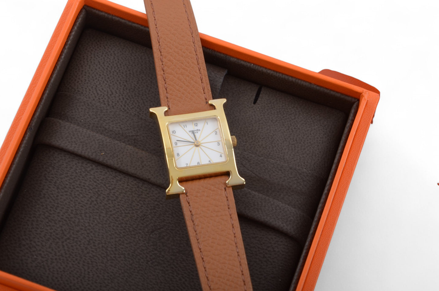Hermès Heure H Watch HH1.201 QZ Gold Epsom Leather White Dial Women's Wristwatch Ladies Unisex