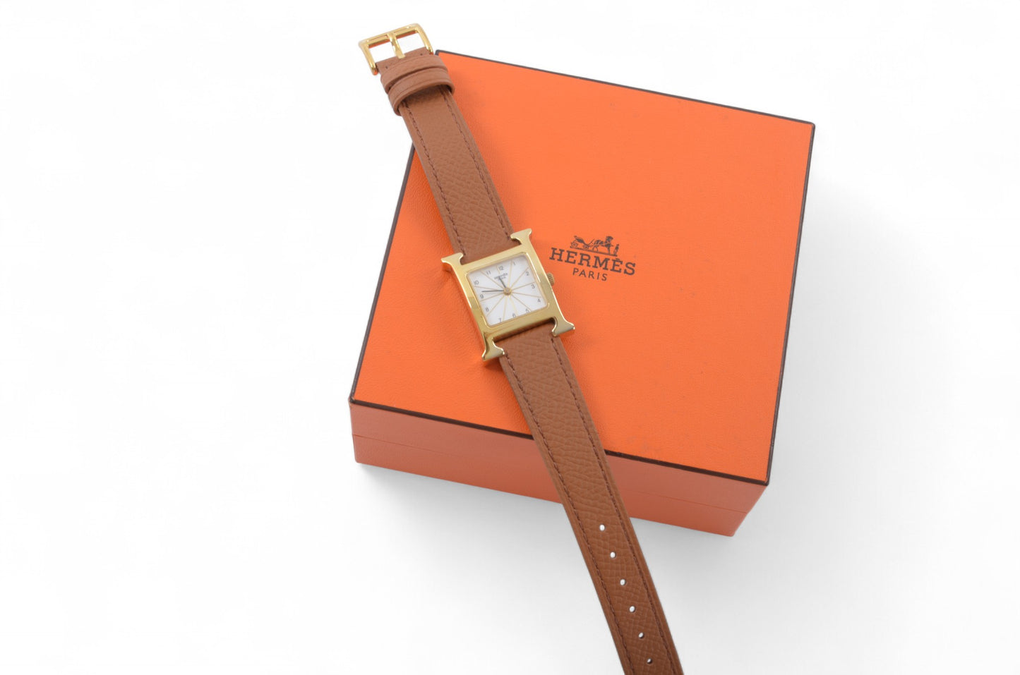 Hermès Heure H Watch HH1.201 QZ Gold Epsom Leather White Dial Women's Wristwatch Ladies Unisex