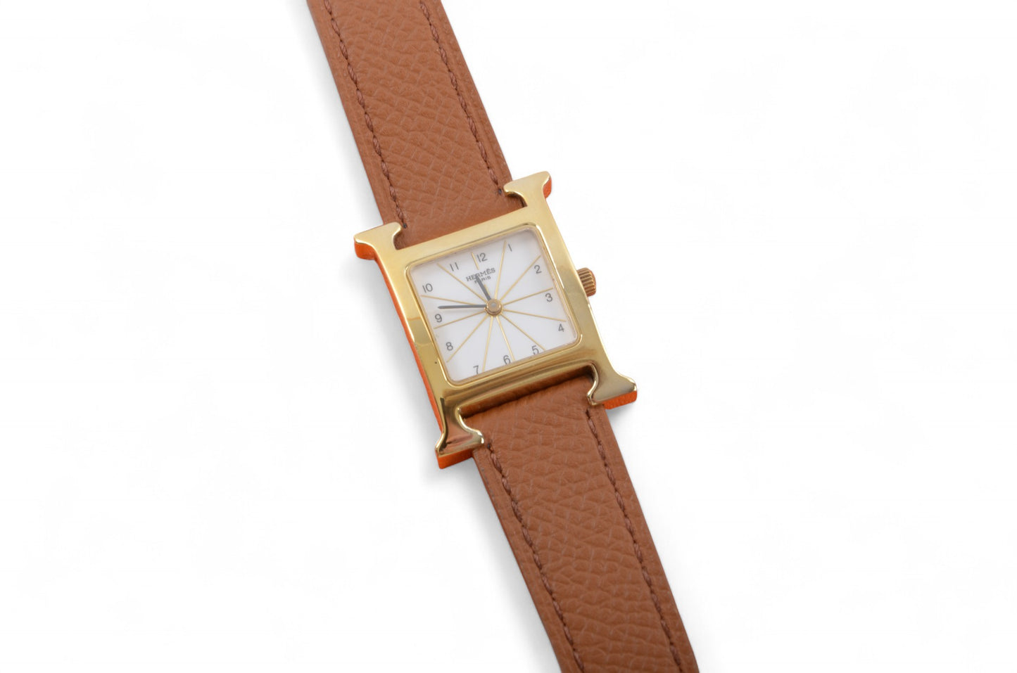 Hermès Heure H Watch HH1.201 QZ Gold Epsom Leather White Dial Women's Wristwatch Ladies Unisex