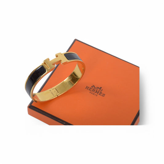 Hermès Black Enamel Gold Plated Clic H PM Bracelet