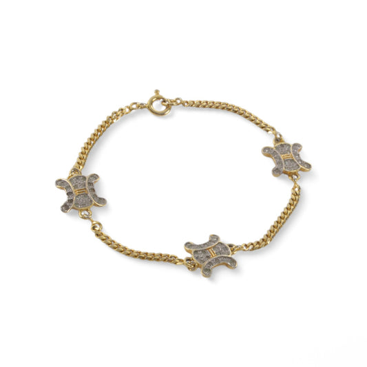 Celine Vintage Triomphe Logo Macadam Rhinestone Charm Bracelet Bangle Chain