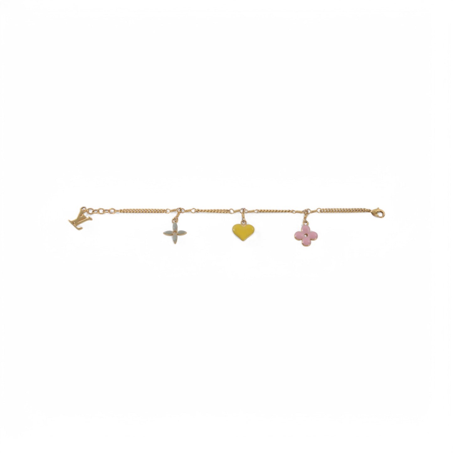 Louis Vuitton Sweet Monogram Flower Heart Charm Gold Chain Bracelet Vintage