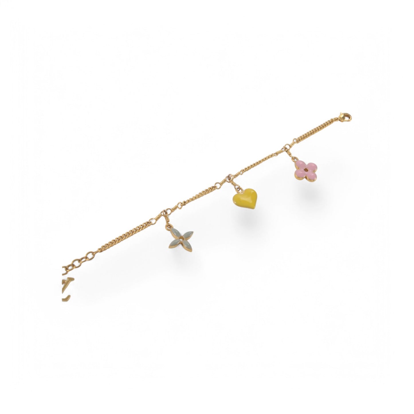 Louis Vuitton Sweet Monogram Flower Heart Charm Gold Chain Bracelet Vintage